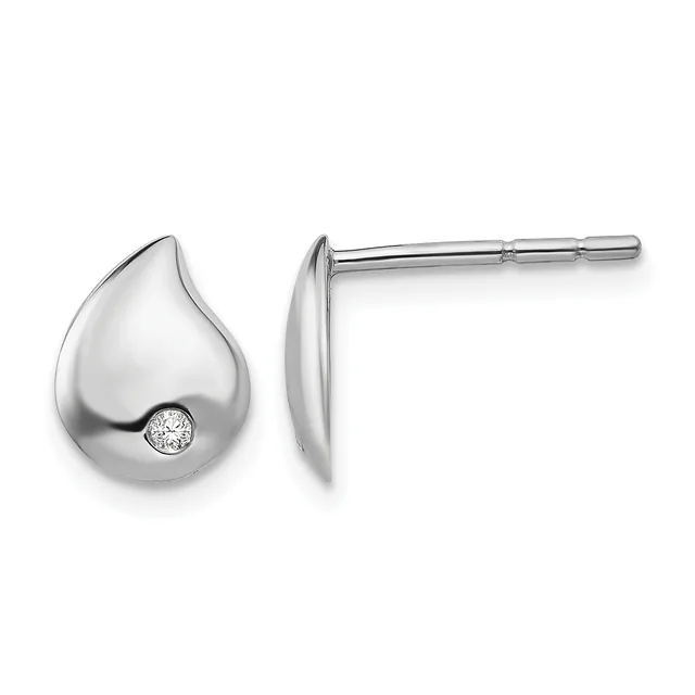 A pair of polished silver teardrop-shaped stud earrings, each featuring a small round diamond set near the bottom, shown from front and side views.