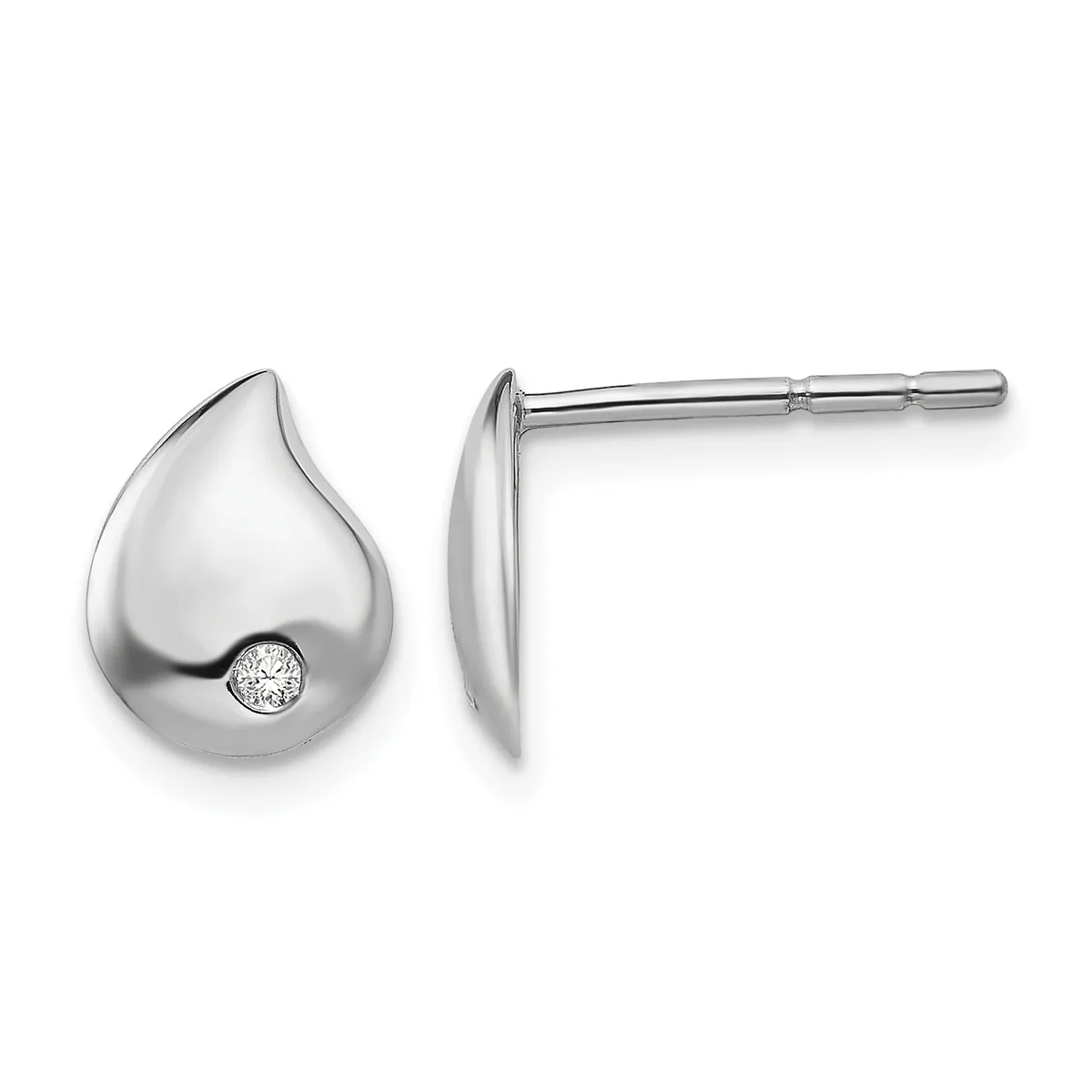 A pair of polished silver teardrop-shaped stud earrings, each featuring a small round diamond set near the bottom, shown from front and side views.