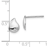 Pair of teardrop-shaped sterling silver stud earrings with bezel-set diamonds, shown with measurement scale indicating approximately 0.5 inches in height.