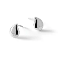 A pair of teardrop-shaped silver stud earrings with black enamel accents and small round diamond or crystal stones, shown from a front angle.