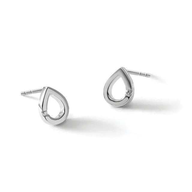 A pair of silver teardrop-shaped stud earrings with small diamonds, displayed against a white background.