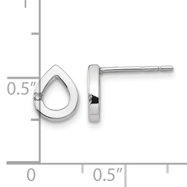 Silver teardrop stud earrings with a polished finish, shown from front and side views with a measurement scale indicating 0.5 inches in height.