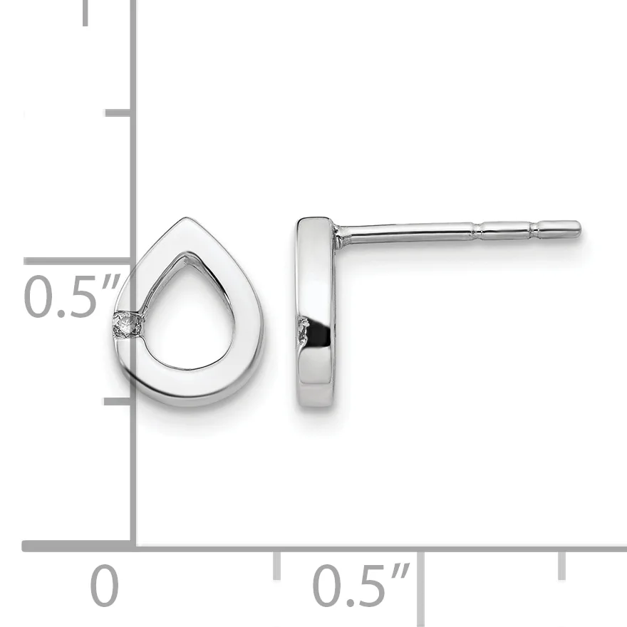 Silver teardrop stud earrings with a polished finish, shown from front and side views with a measurement scale indicating 0.5 inches in height.