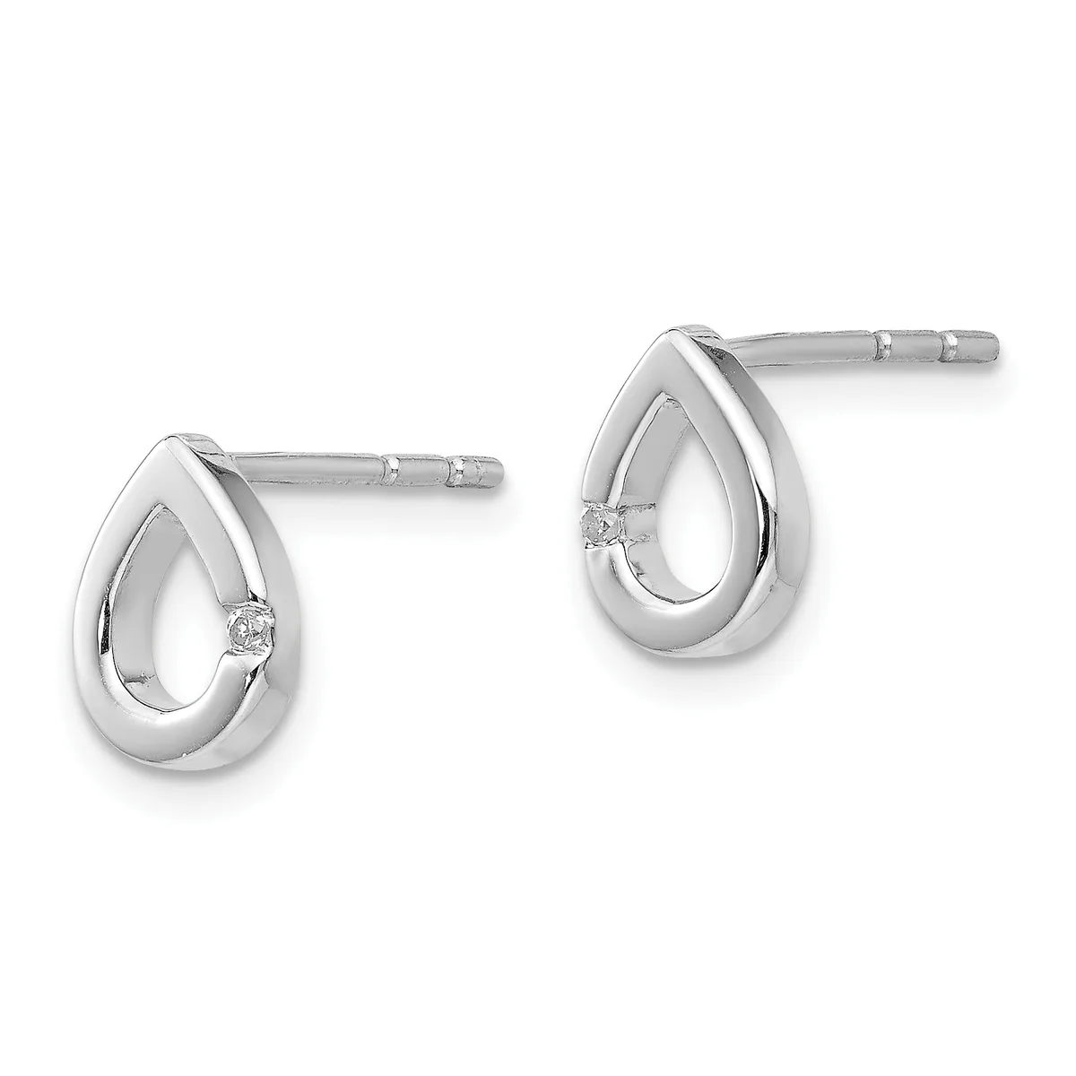 A pair of silver teardrop-shaped stud earrings with small diamond accents, shown from the front against a white background.