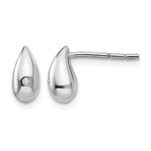 Pair of polished silver teardrop stud earrings with small diamonds, shown from front and back views on posts.