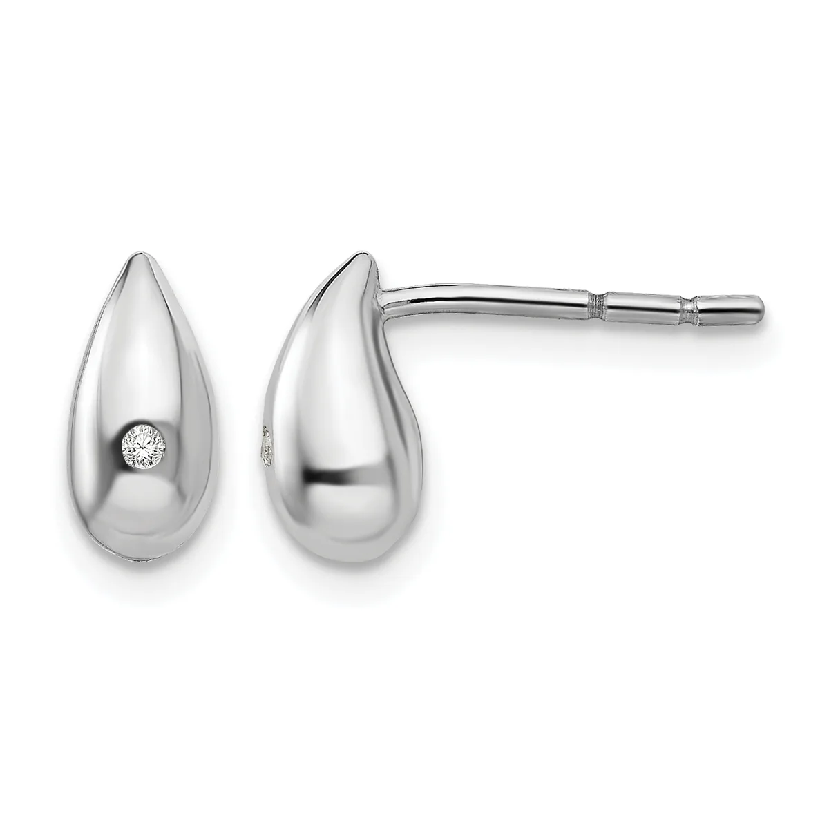 Pair of polished silver teardrop stud earrings with small diamonds, shown from front and back views on posts.