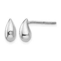 Pair of polished silver teardrop stud earrings with small diamonds, shown from front and back views on posts.