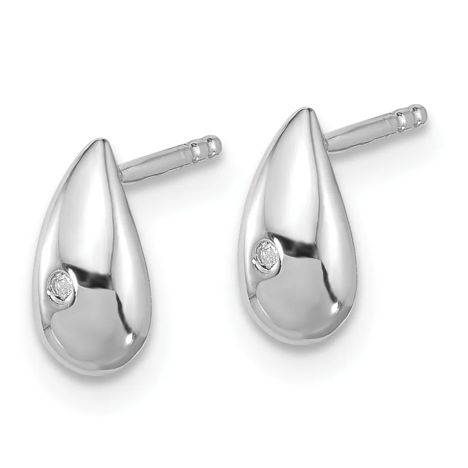 A pair of polished silver teardrop earrings with small diamond accents, shown as stud posts against a white background.
