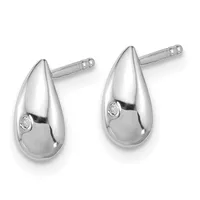 A pair of polished silver teardrop earrings with small diamond accents, shown as stud posts against a white background.