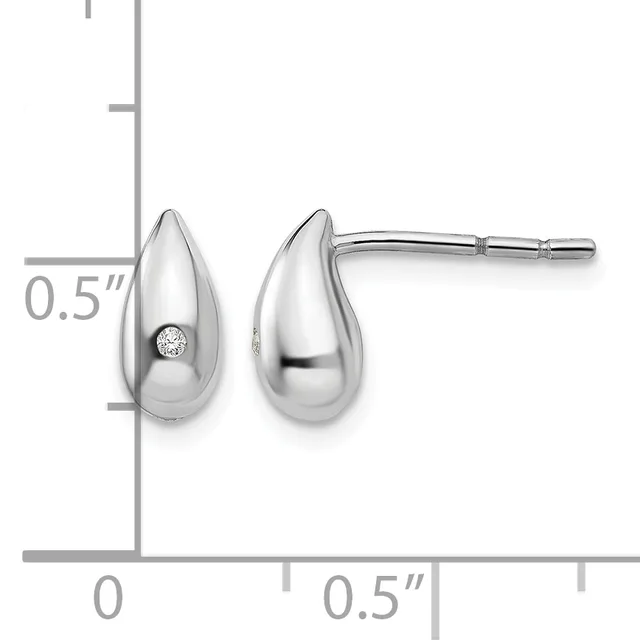 Pair of polished silver teardrop stud earrings with diamond accents, shown at actual size on a measurement scale indicating approximately 0.5 inches in length.