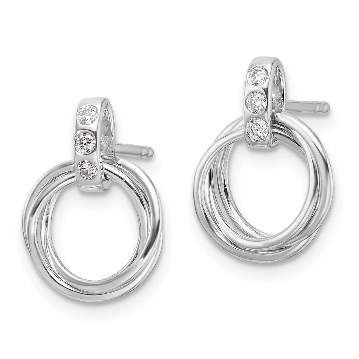 A pair of silver drop earrings with diamond-set studs and polished circular loop pendants, shown from the front.