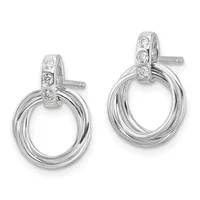 A pair of silver drop earrings with diamond-set studs and polished circular loop pendants, shown from the front.