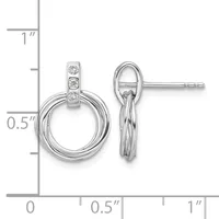 Silver dangle earrings featuring a polished circular ring with a cubic zirconia-accented post, shown next to a measurement scale.