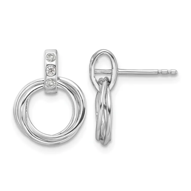 Pair of silver circle drop earrings with diamond accents on the posts, shown from front and side views.