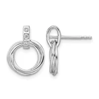Pair of silver circle drop earrings with diamond accents on the posts, shown from front and side views.