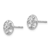 A pair of silver tree of life stud earrings with oval frames containing detailed leaf and branch designs, shown from the front against a white background.