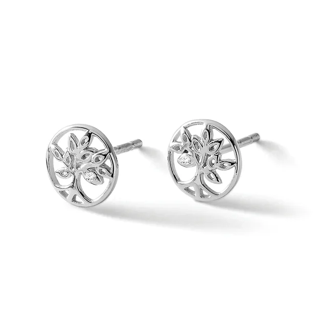 A pair of silver stud earrings featuring circular tree of life designs with small diamonds set throughout, shown from the front against a white background.