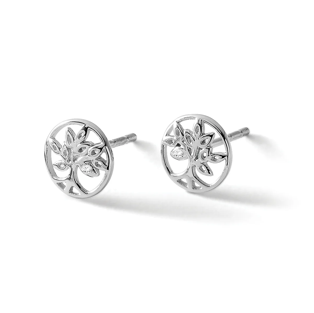 A pair of silver stud earrings featuring circular tree of life designs with small diamonds set throughout, shown from the front against a white background.