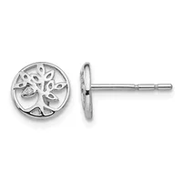A pair of silver tree of life stud earrings shown from front and side views, featuring circular designs with leaf cutouts and a small diamond or crystal accent, attached to thin posts.