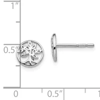 Silver tree of life stud earrings with diamond accents, shown front and side view against a measurement scale indicating approximately 0.5 inches in diameter.