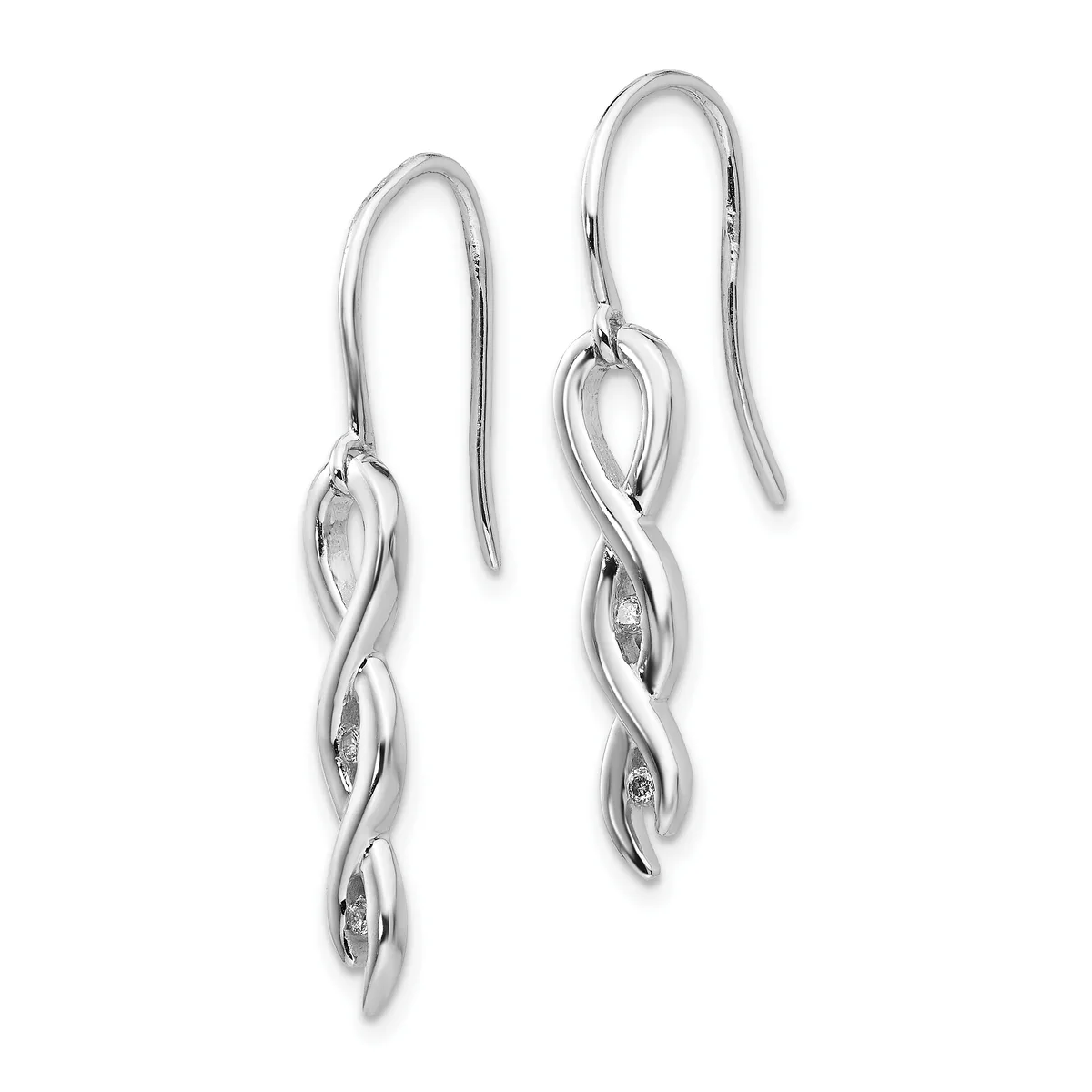 A pair of silver dangle earrings with twisted spiral pendants set with small stones, suspended from curved ear wires.