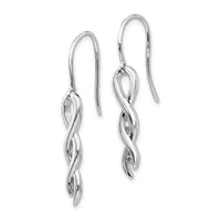 A pair of silver dangle earrings with twisted spiral pendants set with small stones, suspended from curved ear wires.