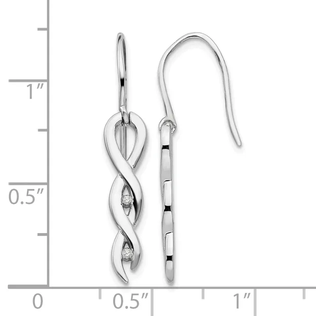A pair of silver drop earrings with twisted vine-like designs and small diamond accents, shown next to a measurement scale indicating approximately one inch in length.
