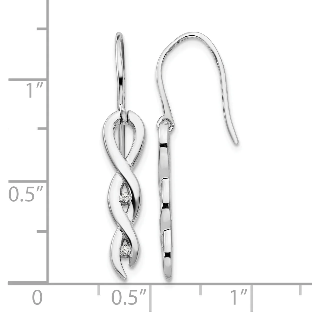 A pair of silver drop earrings with twisted vine-like designs and small diamond accents, shown next to a measurement scale indicating approximately one inch in length.