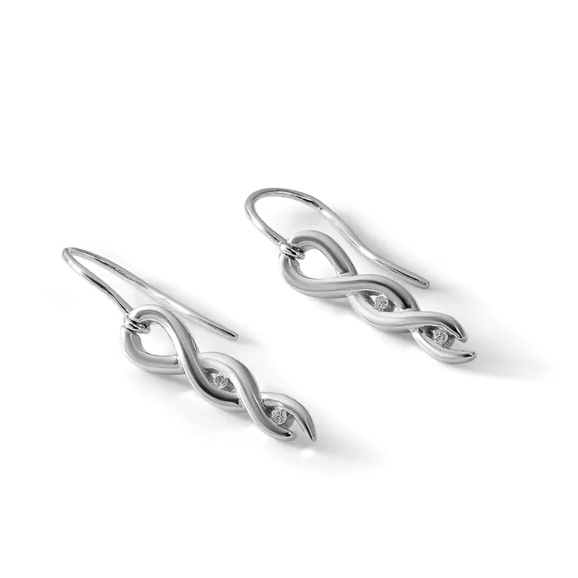 A pair of silver drop earrings with twisted infinity loop designs and small diamond accents, displayed against a white background.