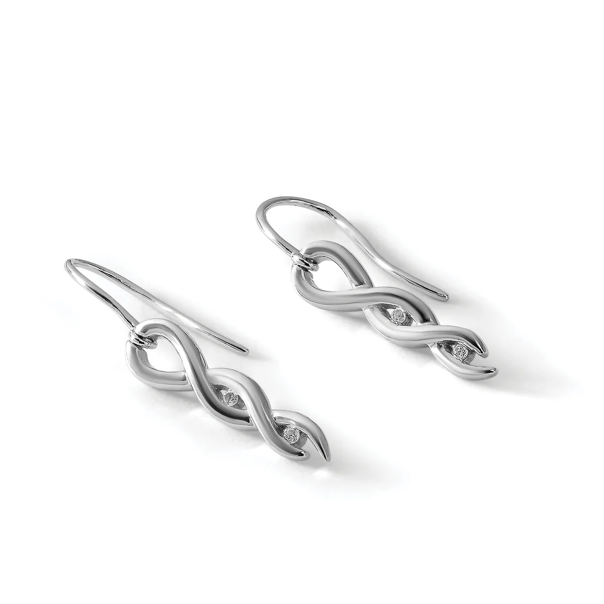 A pair of silver drop earrings with twisted infinity loop designs and small diamond accents, displayed against a white background.