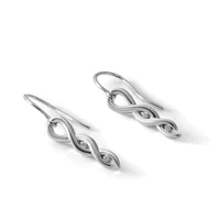 A pair of silver drop earrings with twisted infinity loop designs and small diamond accents, displayed against a white background.