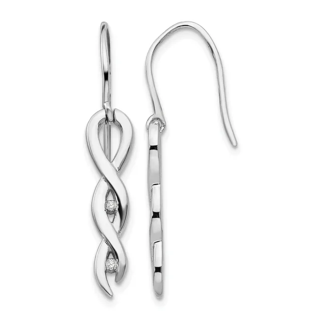 A pair of silver drop earrings with twisted spiral designs and small diamond accents, shown front and back views hanging from thin wire hooks.