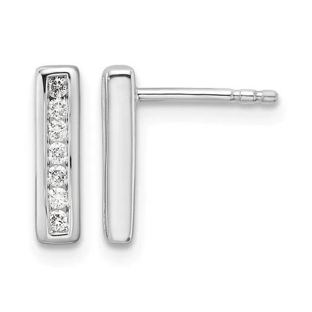 A pair of white metal rectangular stud earrings with channel-set round diamonds, shown from front and side views.