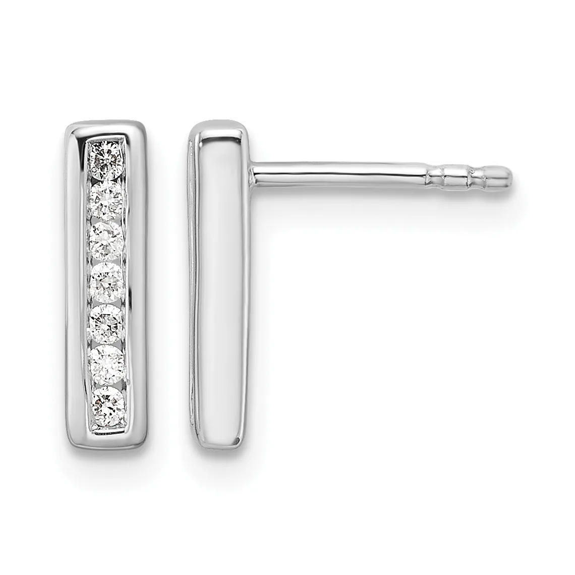 A pair of white metal rectangular stud earrings with channel-set round diamonds, shown from front and side views.