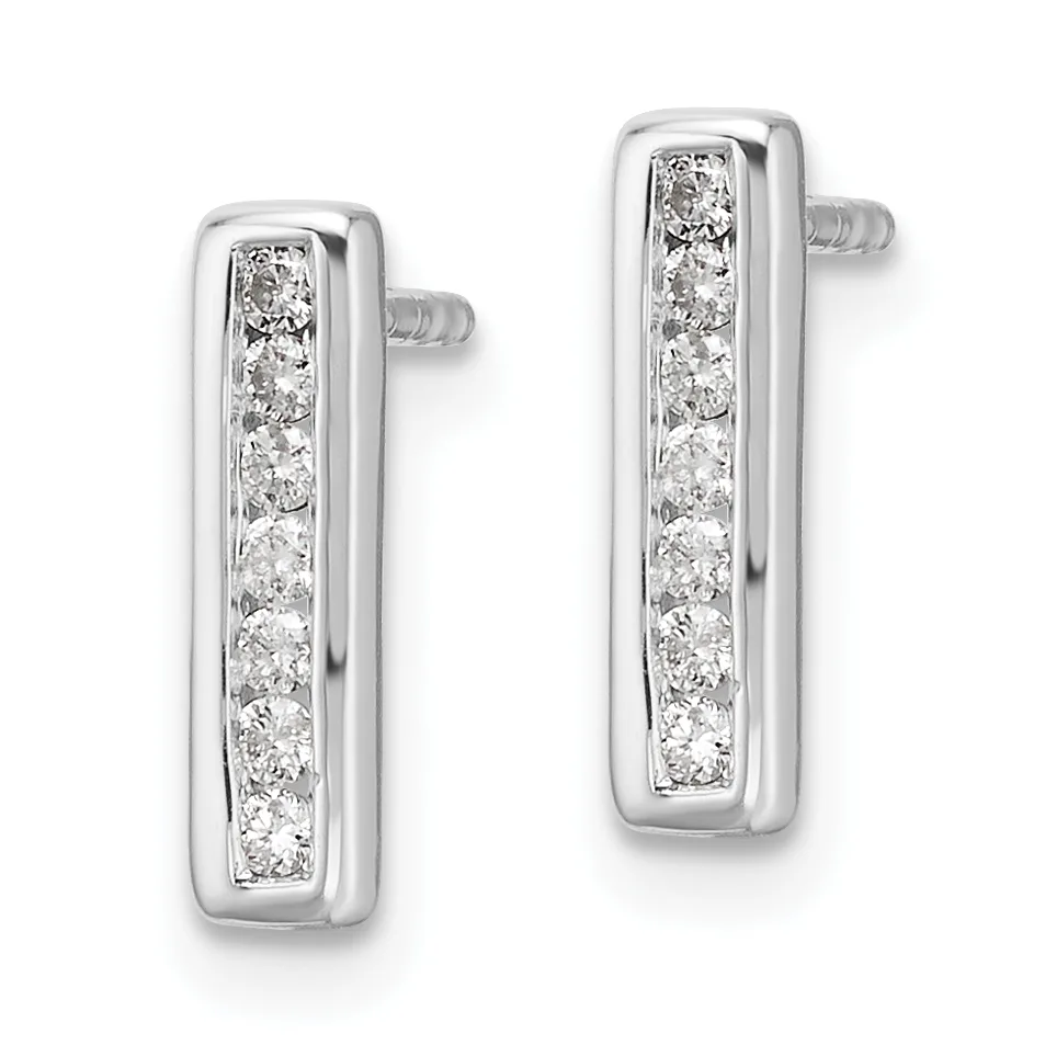 A pair of silver rectangular hoop earrings with channel-set round diamonds along the length, displayed against a white background.