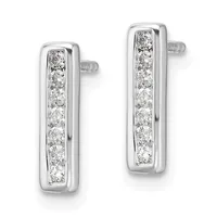 A pair of silver rectangular hoop earrings with channel-set round diamonds along the length, displayed against a white background.