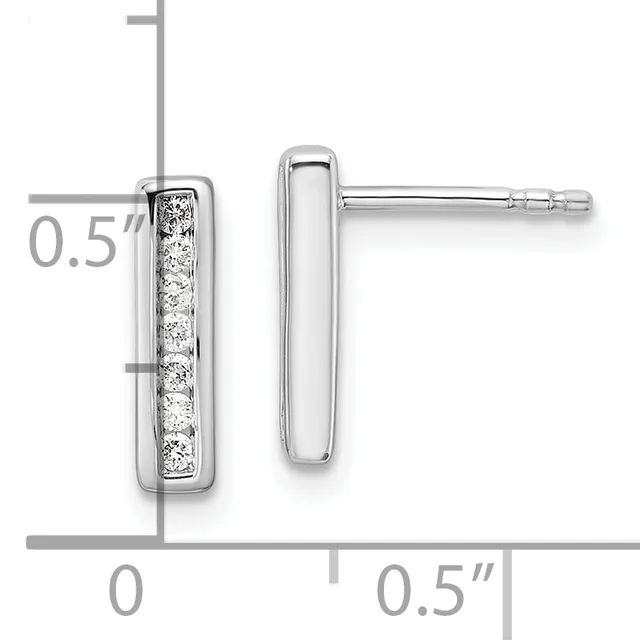 Pair of silver rectangular stud earrings with channel-set diamonds, shown front and back views with measurement scale indicating 0.5 inch height.