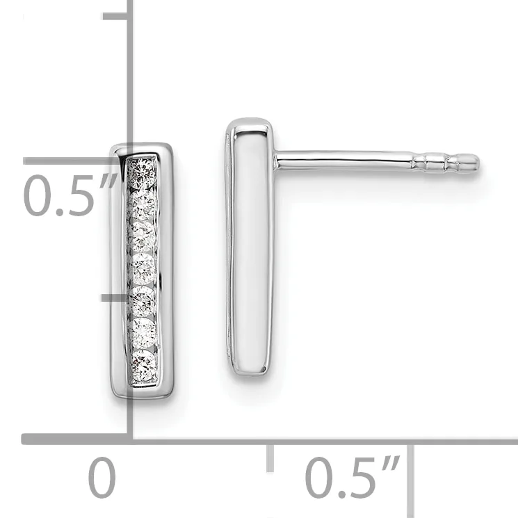 Pair of silver rectangular stud earrings with channel-set diamonds, shown front and back views with measurement scale indicating 0.5 inch height.