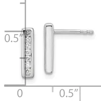 Pair of silver rectangular stud earrings with channel-set diamonds, shown front and back views with measurement scale indicating 0.5 inch height.