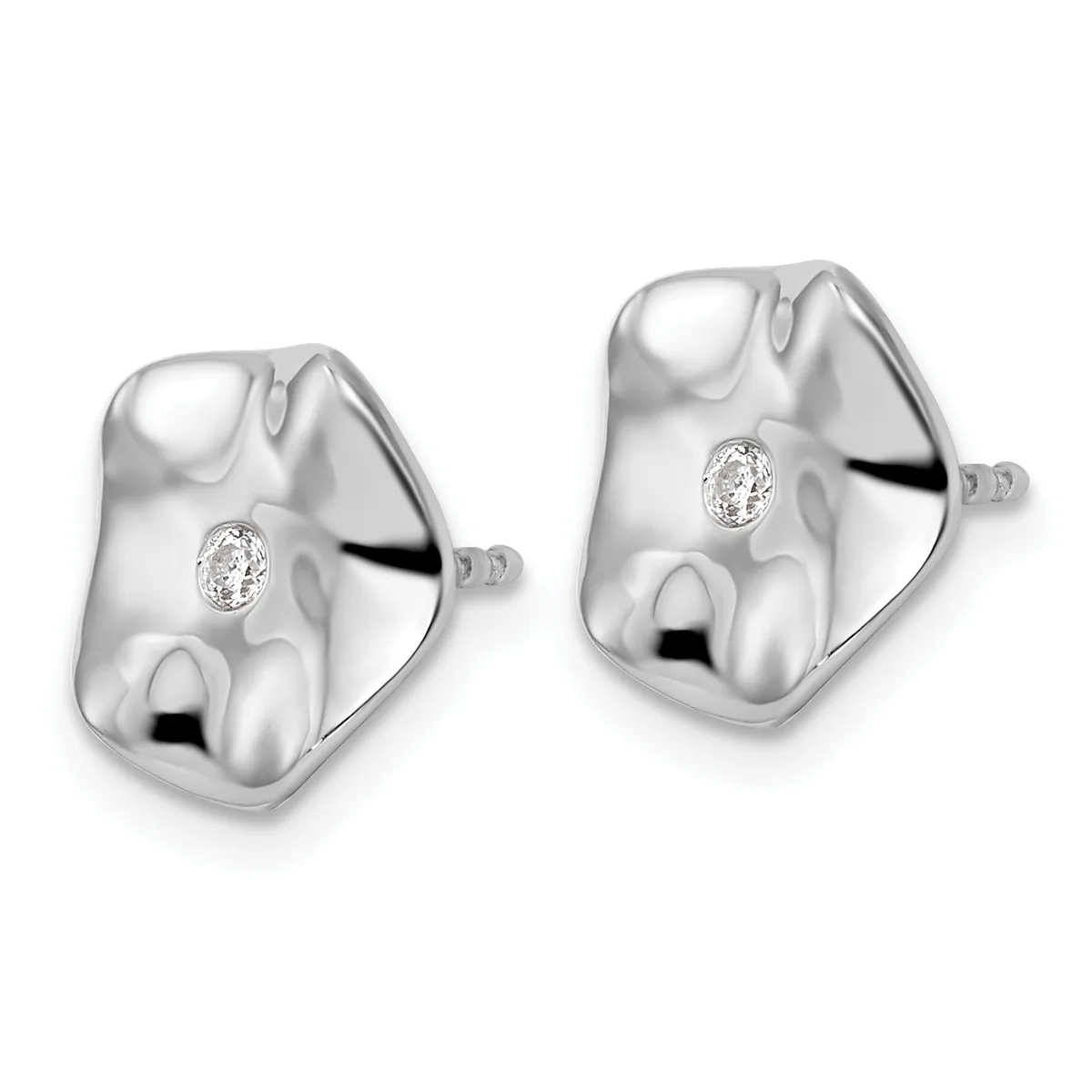 A pair of polished silver stud earrings with organic, curved shapes and small round diamonds set in the center of each earring.