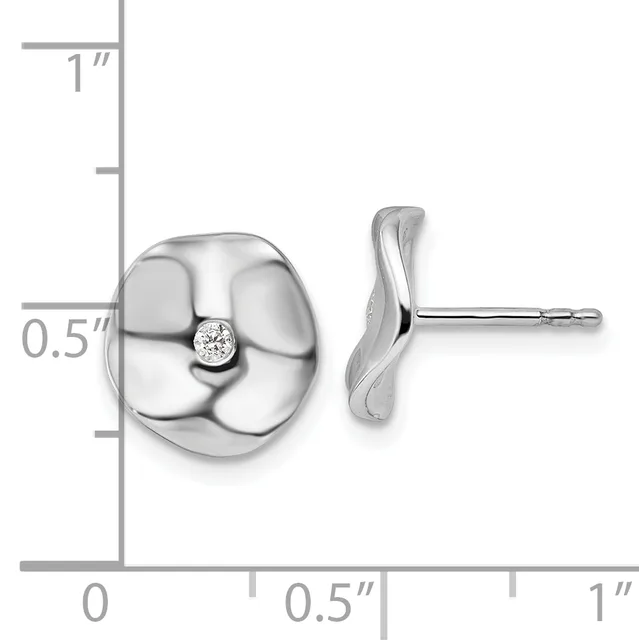 Silver stud earrings with rounded petal-like faces each set with a small diamond, shown from front and side views against a measurement scale.