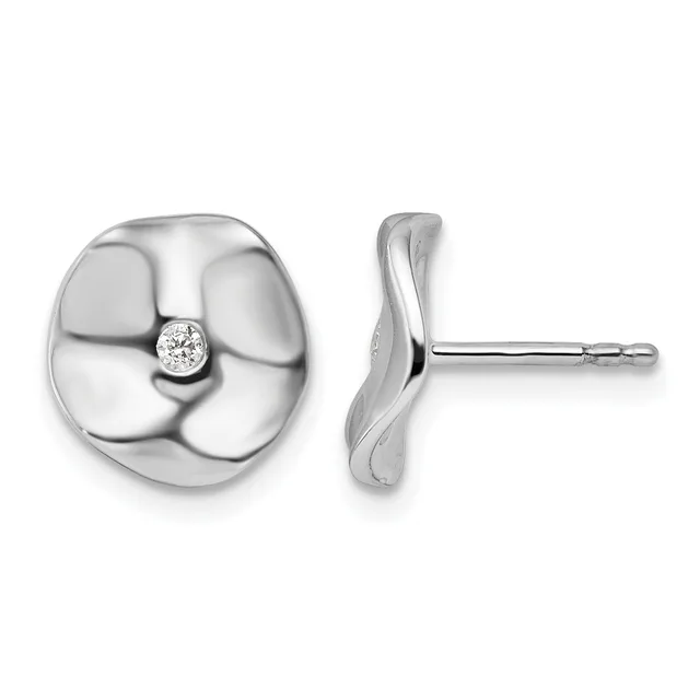 Pair of silver stud earrings with organic petal-shaped design and small round diamond centers, shown from front and side views.