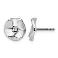 Pair of silver stud earrings with organic petal-shaped design and small round diamond centers, shown from front and side views.