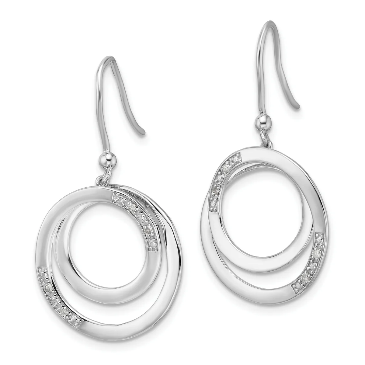 Pair of silver dangle earrings with interlocking oval loops and diamond accents, displayed against a white background.