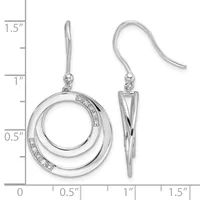 Silver dangle earrings featuring concentric circles with diamond accents, shown front and side view against a measurement scale.