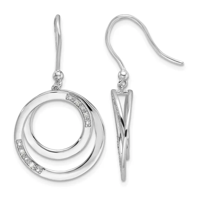 Pair of silver dangle earrings with concentric circular loops adorned with small diamonds, shown from front and side views on fish hook wires.