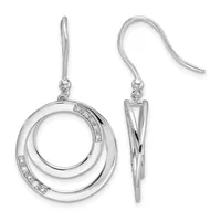 Pair of silver dangle earrings with concentric circular loops adorned with small diamonds, shown from front and side views on fish hook wires.