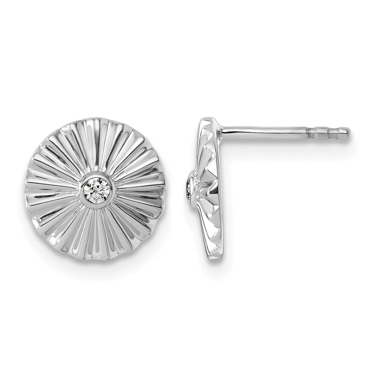 A pair of silver stud earrings with a circular radiating ribbed design and a round diamond or cubic zirconia stone at the center, shown from front and side views.