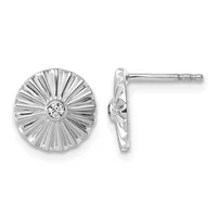 A pair of silver stud earrings with a circular radiating ribbed design and a round diamond or cubic zirconia stone at the center, shown from front and side views.