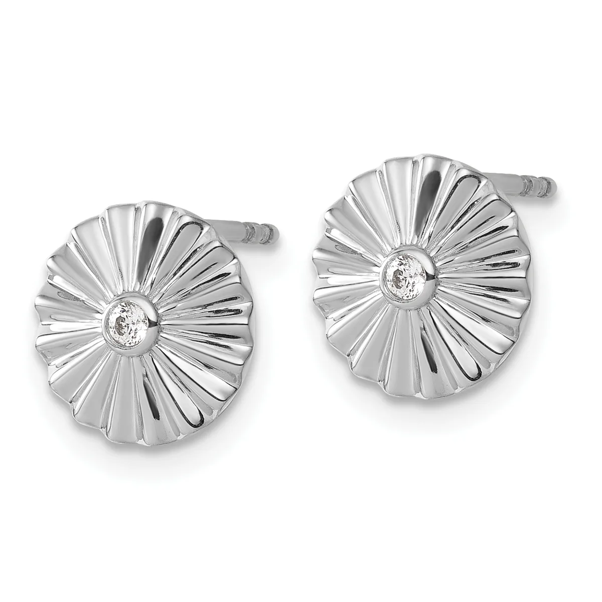 Pair of silver stud earrings with fan-shaped designs featuring radiating ridges and round diamond centers, shown from the front.